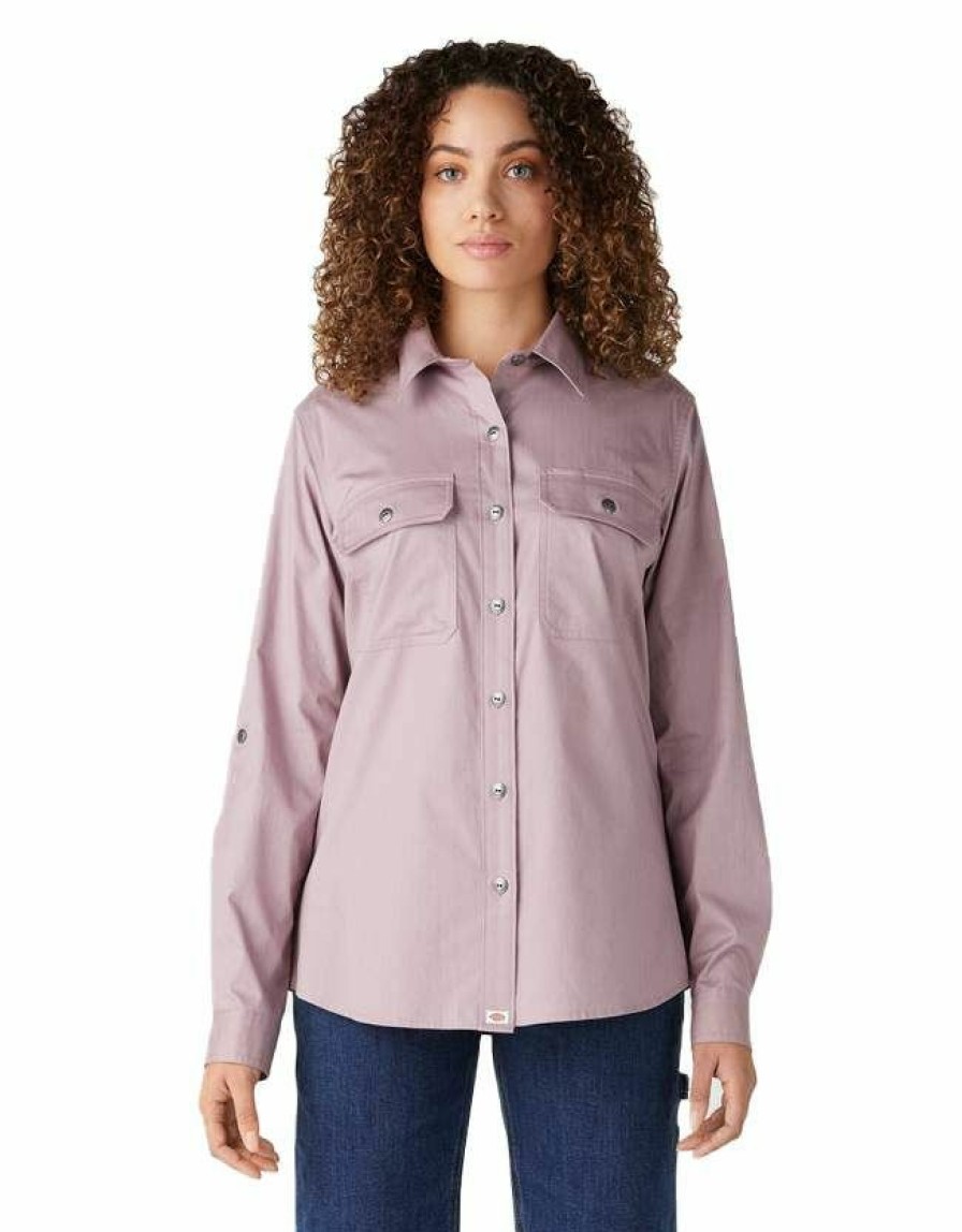 * Dickies Women'S Cotton Long Sleeve Roll Tab Work Shirt Best Price Lilac Shirts