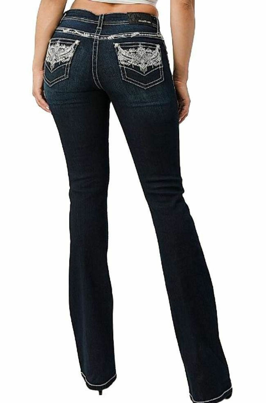 * Grace In La Women'S Abstract Embroidered Pocket Mid Rise Bootcut Jeans Flash Sale Dark Blue Pants