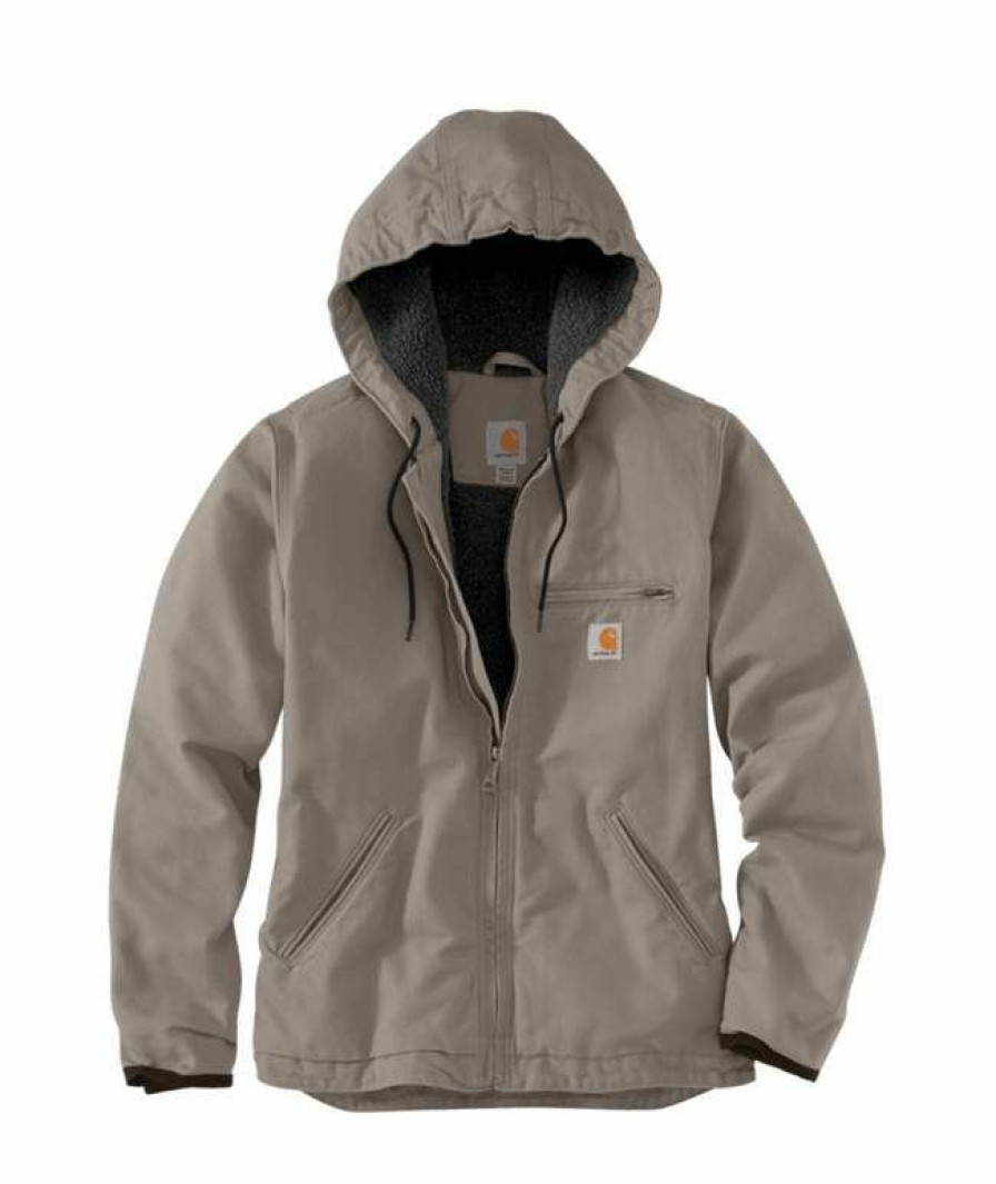 * Carhartt Women'S Loose Fit Washed Duck Sherpa Lined Jacket Cheap Taupe Gray Coats & Jackets