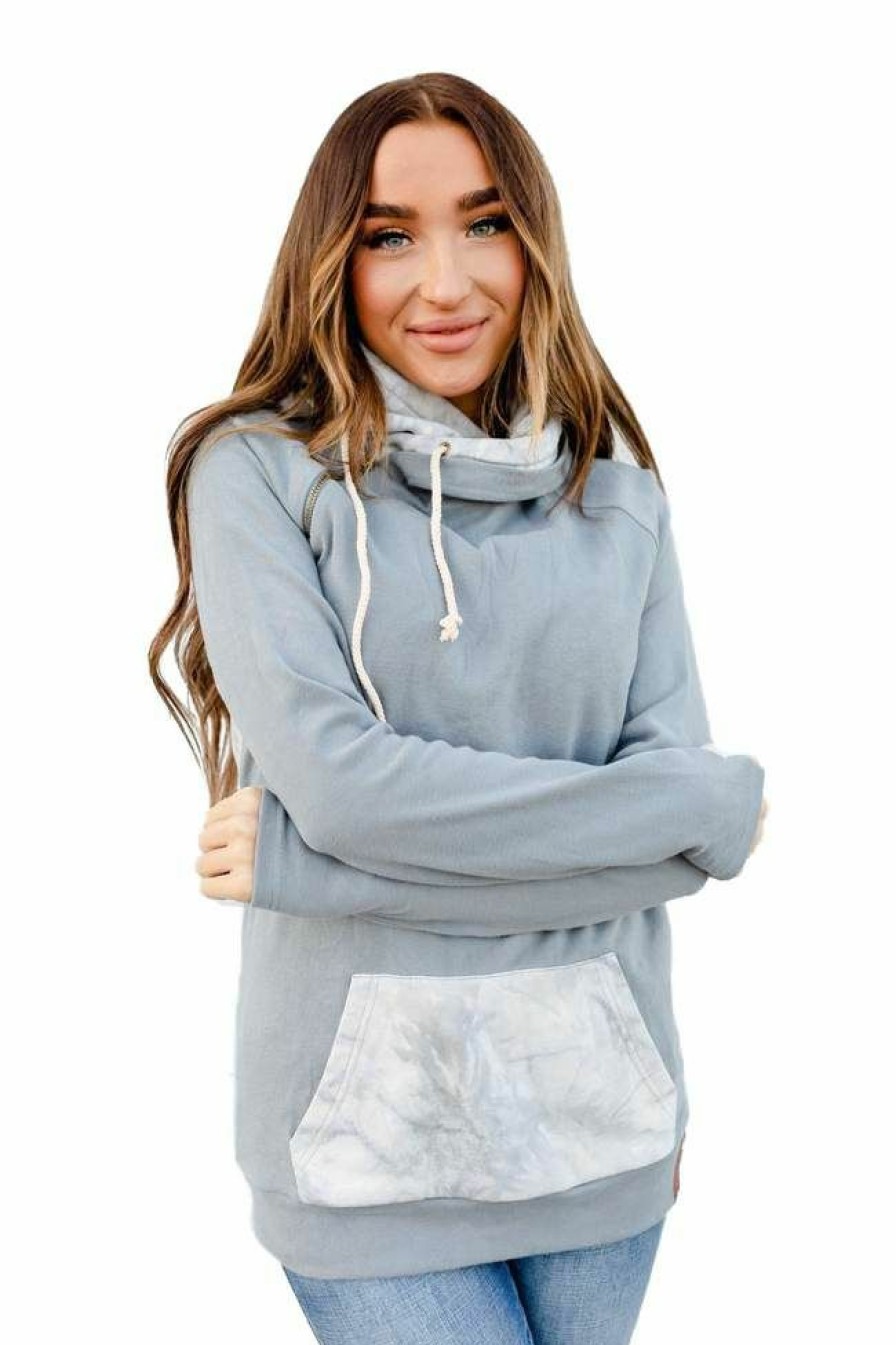 * Ampersand Avenue Women'S Head In The Clouds Doublehood Sweatshirt Online Store Dusty Blue Hoodies & Sweatshirts