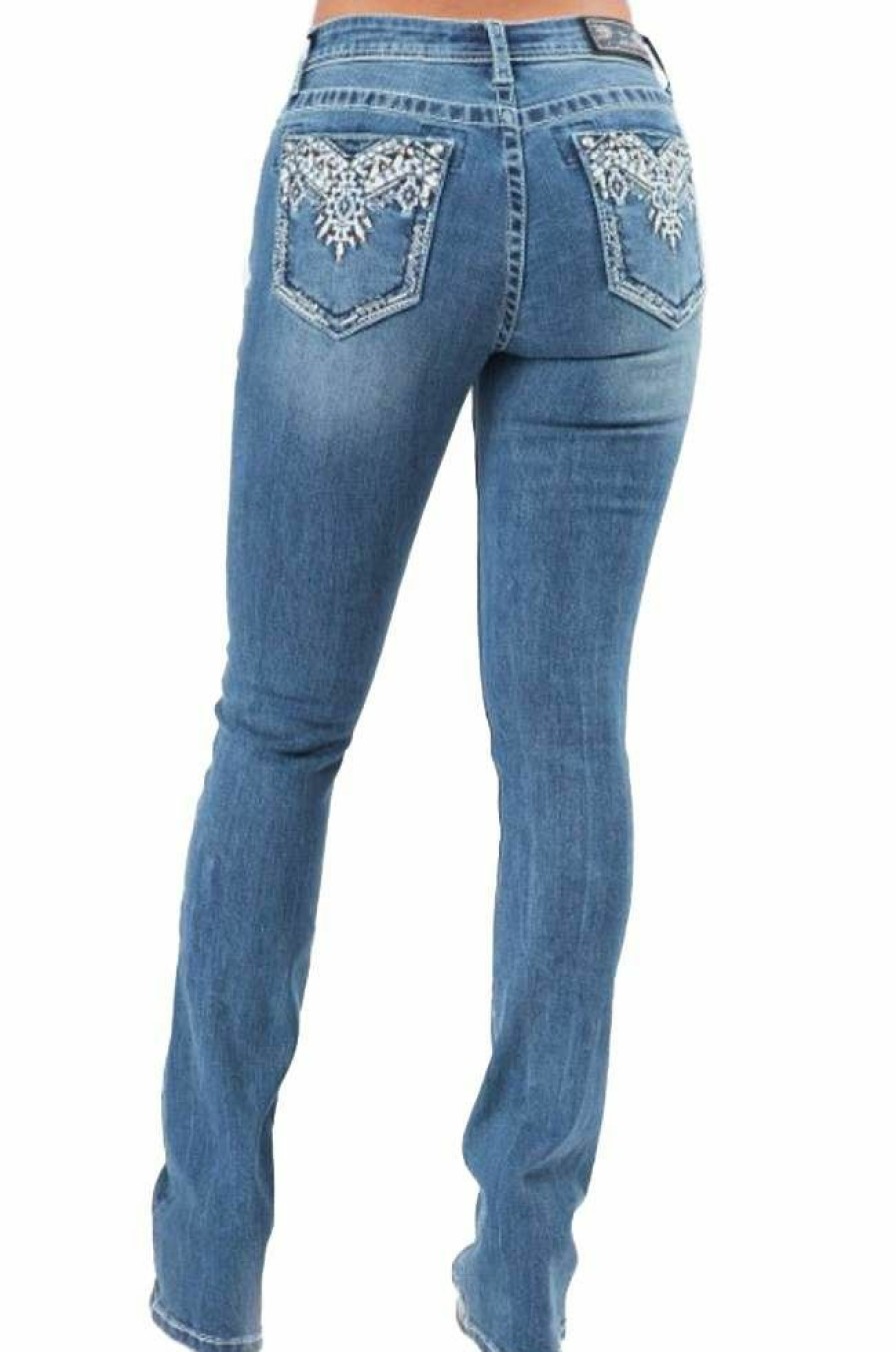 * Grace In La Women'S Tribal Aztec V Pocket Mid Rise Bootcut Jeans Online Sales Medium Blue Pants