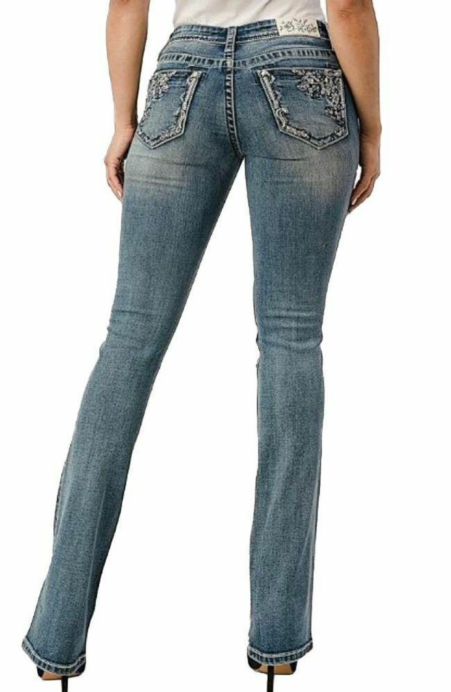 * Grace In La Women'S Floral Blossoms Mid Rise Bootcut Jeans Crazy Deals Medium Blue Pants