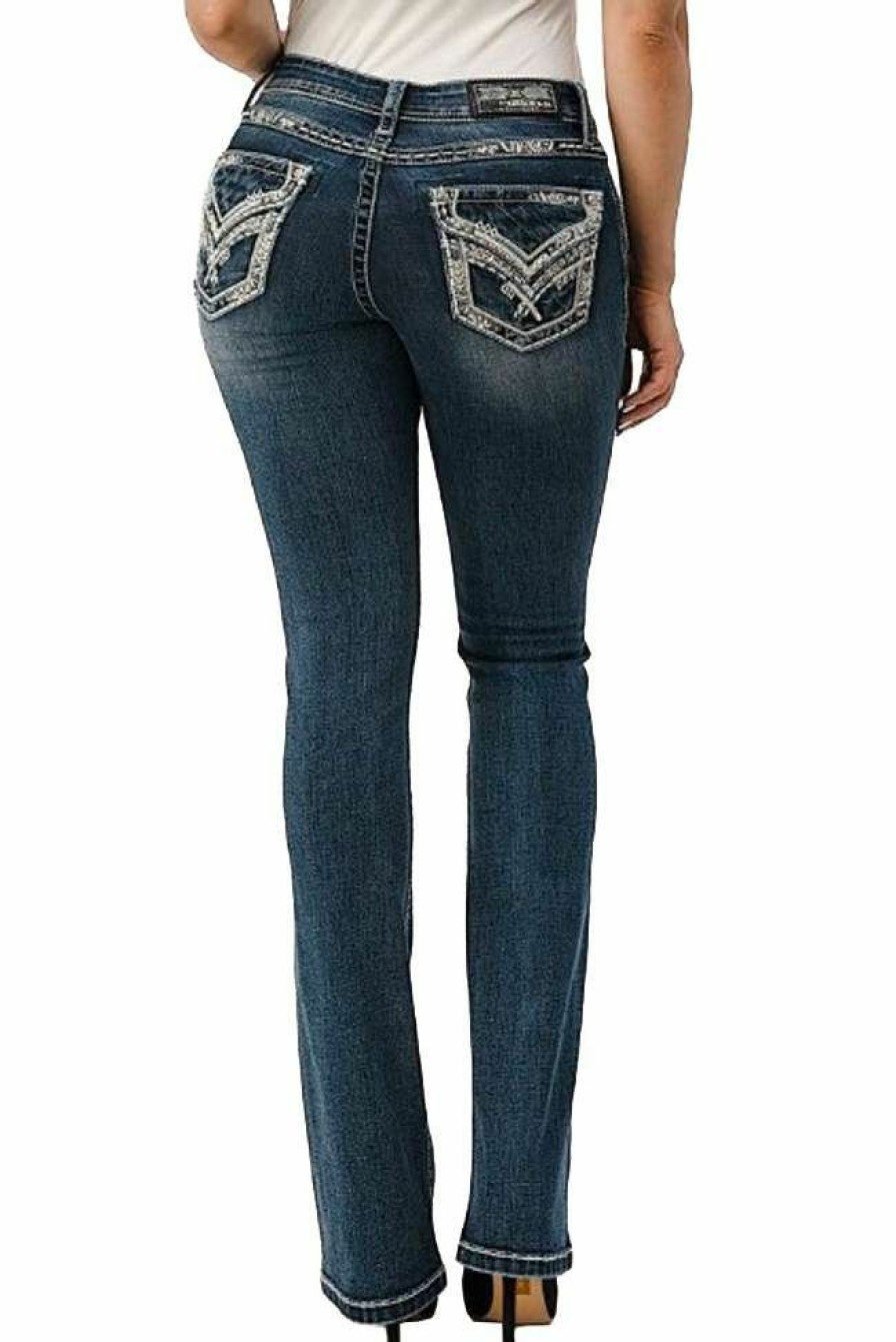 * Grace In La Women'S Faux Flap Bling Pocket Mid Rise Pocket Jeans Best Price Medium Blue Pants