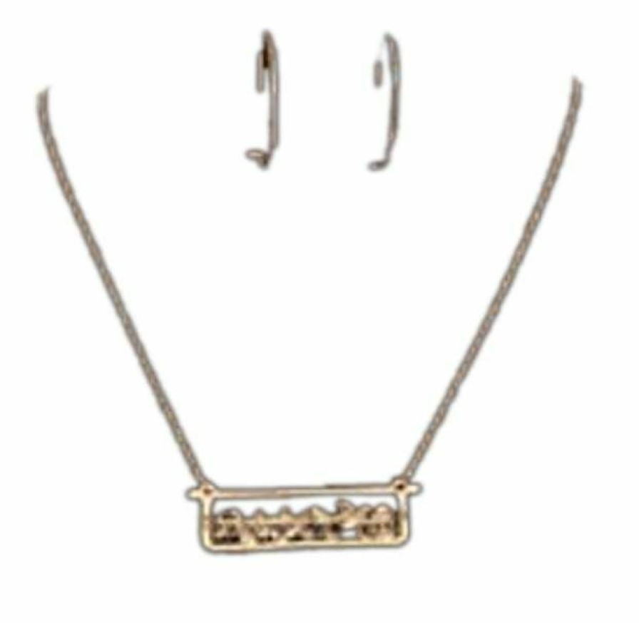 * Blazin Roxx Topaz Bar Necklace With Hoop Earrings Jewelry Set Gold New Threads Jewelry