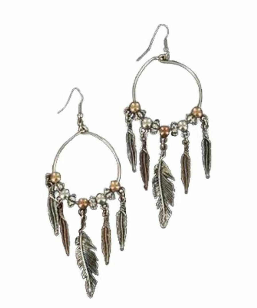 * Blazin Roxx Women'S Feather Drop Hoop Earrings Silver New Threads Jewelry