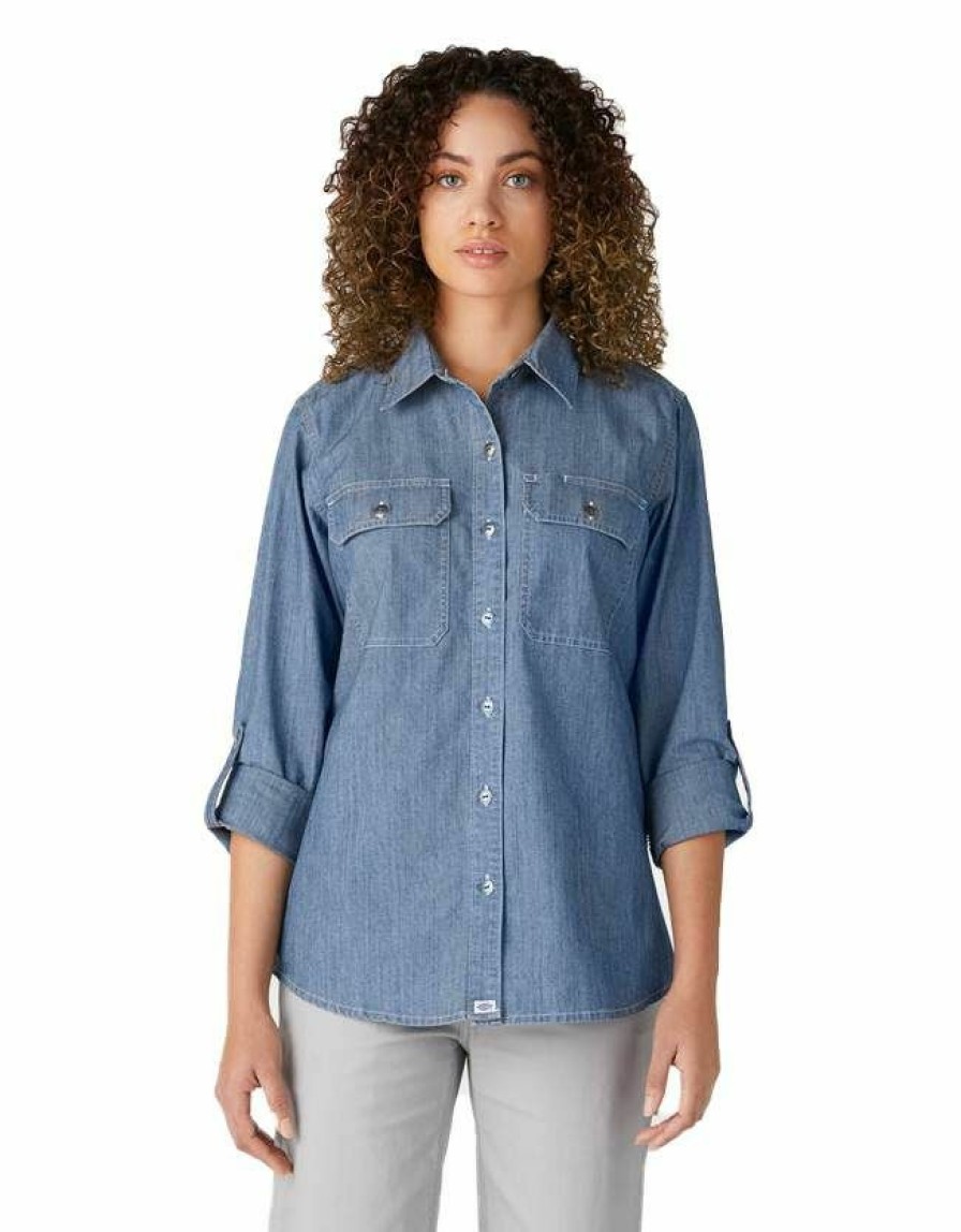 * Dickies Women'S Cotton And Polyester Long Sleeve Chambray Roll-Tab Work Shirt Popular Shirts