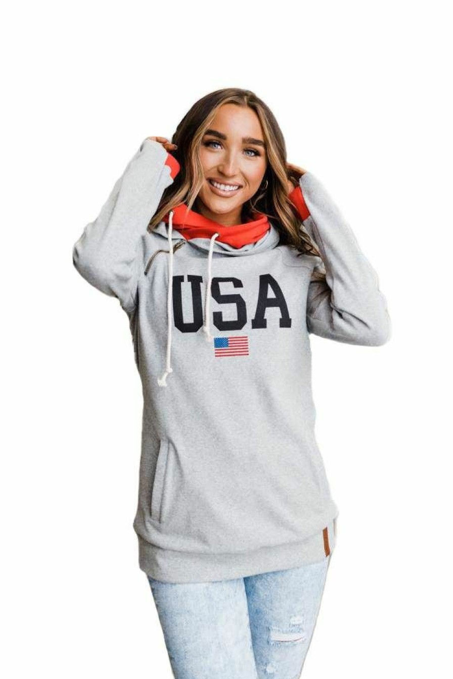 * Ampersand Avenue Women'S Usa Doublehood Sweatshirt Hot Selling Athletic Heather Hoodies & Sweatshirts