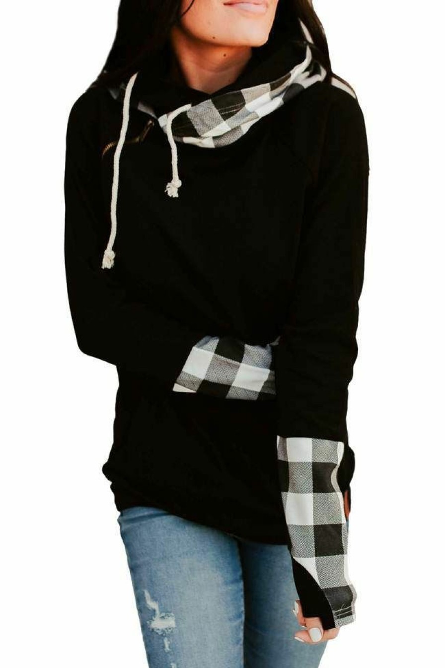 * Ampersand Avenue Women'S Checks Out Black Doublehood ?Sweatshirt New Arrivals Hoodies & Sweatshirts