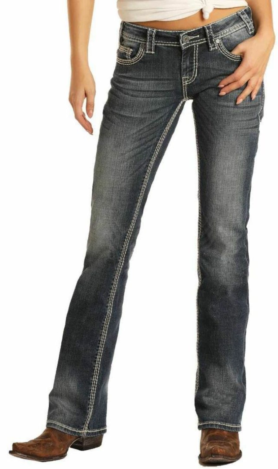 * Rock & Roll Denim Women'S Mid Rise Stretch Bootcut Riding Jeans Online Sales Dark Wash Pants