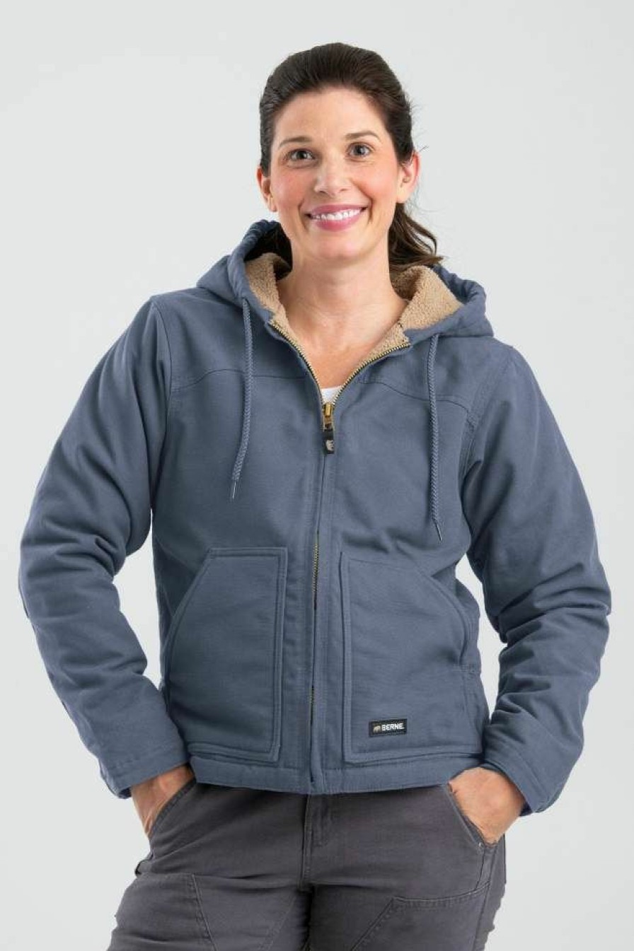 * Berne Women'S Sherpa-Lined Softstone Duck Hooded Jacket Cheap Steel Blue Coats & Jackets