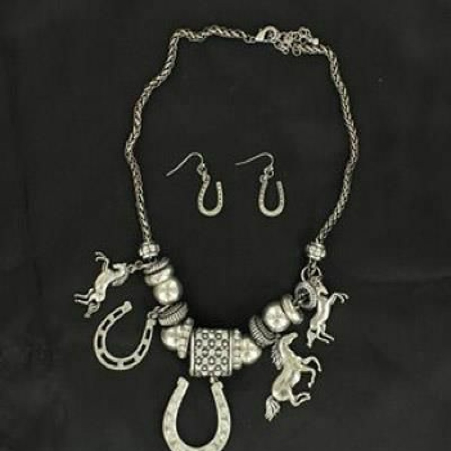 * Blazin Roxx Women'S Silver Horse/Shoe Neckalce/Ear Ring Set Popular Jewelry