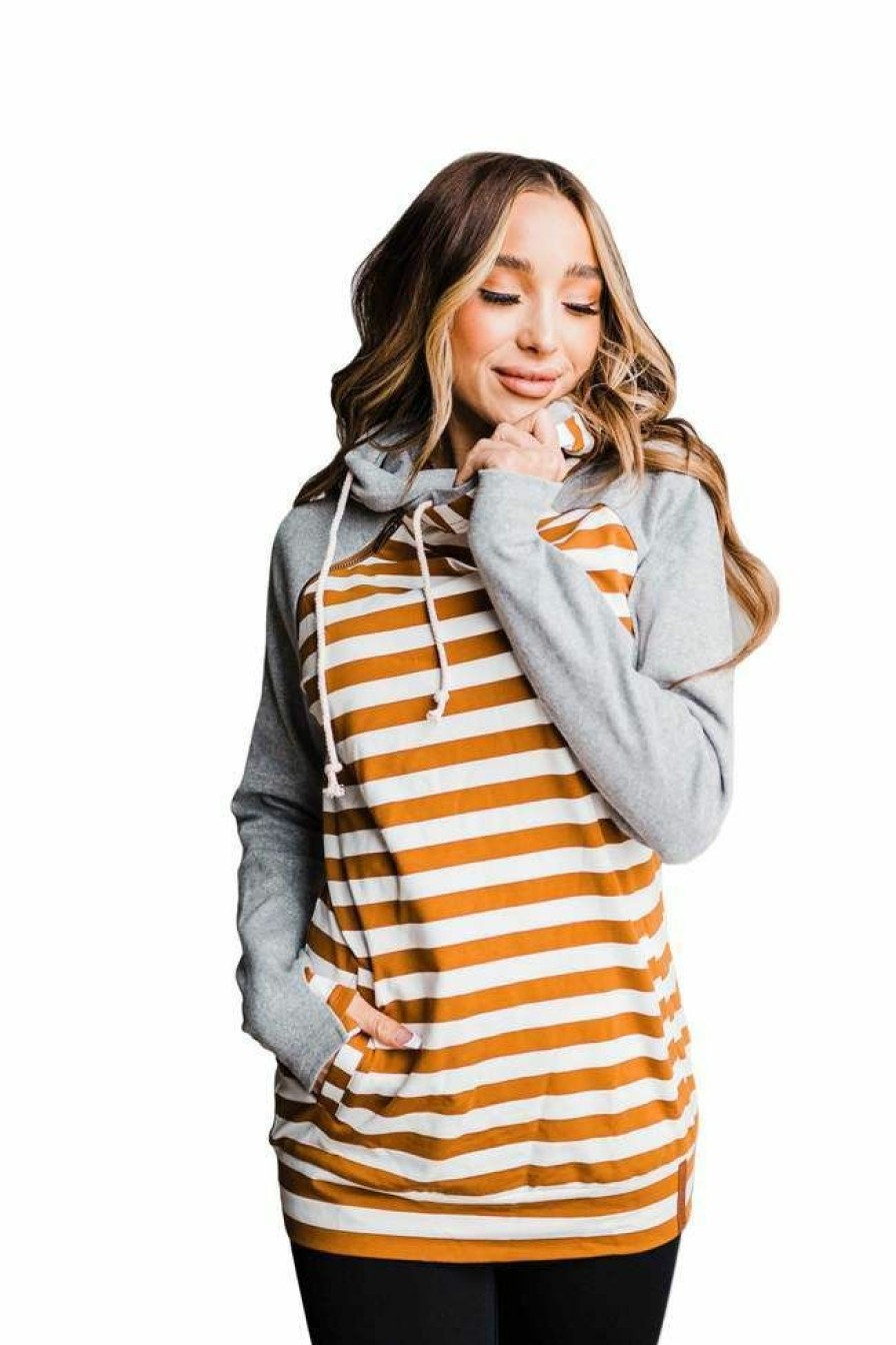 * Ampersand Avenue Women'S Falling For You Doublehood ?Sweatshirt Best Price Burnt Orange Stripe Hoodies & Sweatshirts