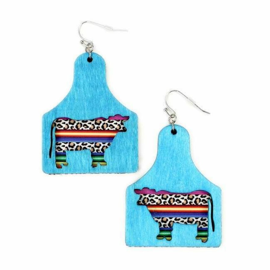 * Wyo-Horse Women'S Wooden Cut Cow Tag And Serape Earrings Turquoise, Wood Best Sellers Jewelry