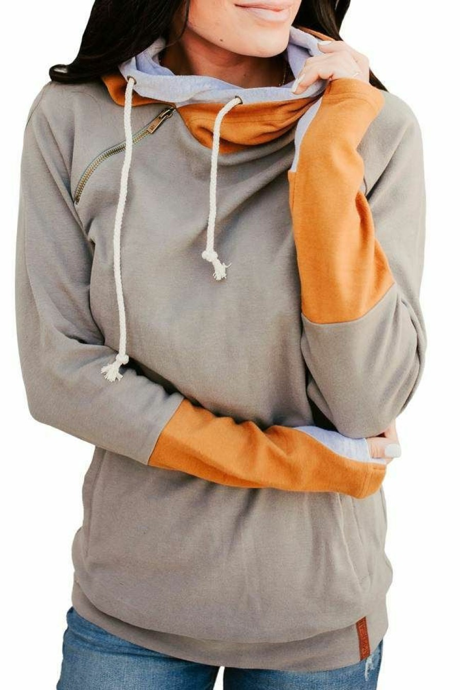 * Ampersand Avenue Women'S Harvest Glow Doublehood ?Sweatshirt Outlet Gray/Mustard Hoodies & Sweatshirts