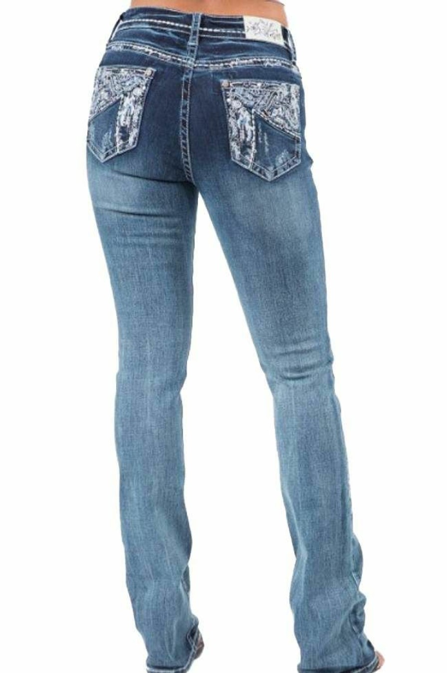 * Grace In La Women'S Whimsical Paisley Pocket Mid Rise Bootcut Jeans Discount Pants