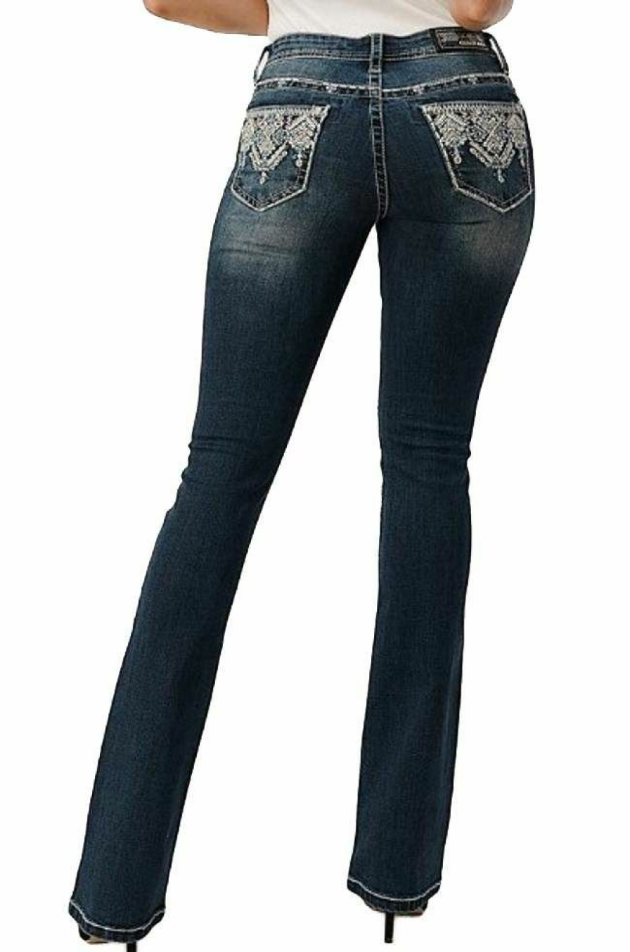 * Grace In La Women'S Tribal Embellishment Mid Rise Bootcut Jeans Attractive Medium Blue Pants