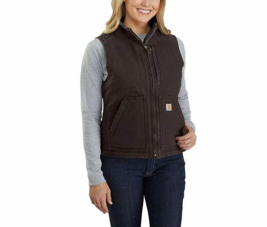 * Carhartt Women'S Relaxed Fit Washed Duck Sherpa Lined Mock Neck Vest Flash Sale Coats & Jackets