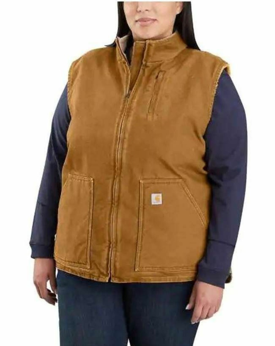 * Carhartt Women'S Relaxed Fit Washed Duck Sherpa Lined Mock Neck Vest Flash Sale Coats & Jackets