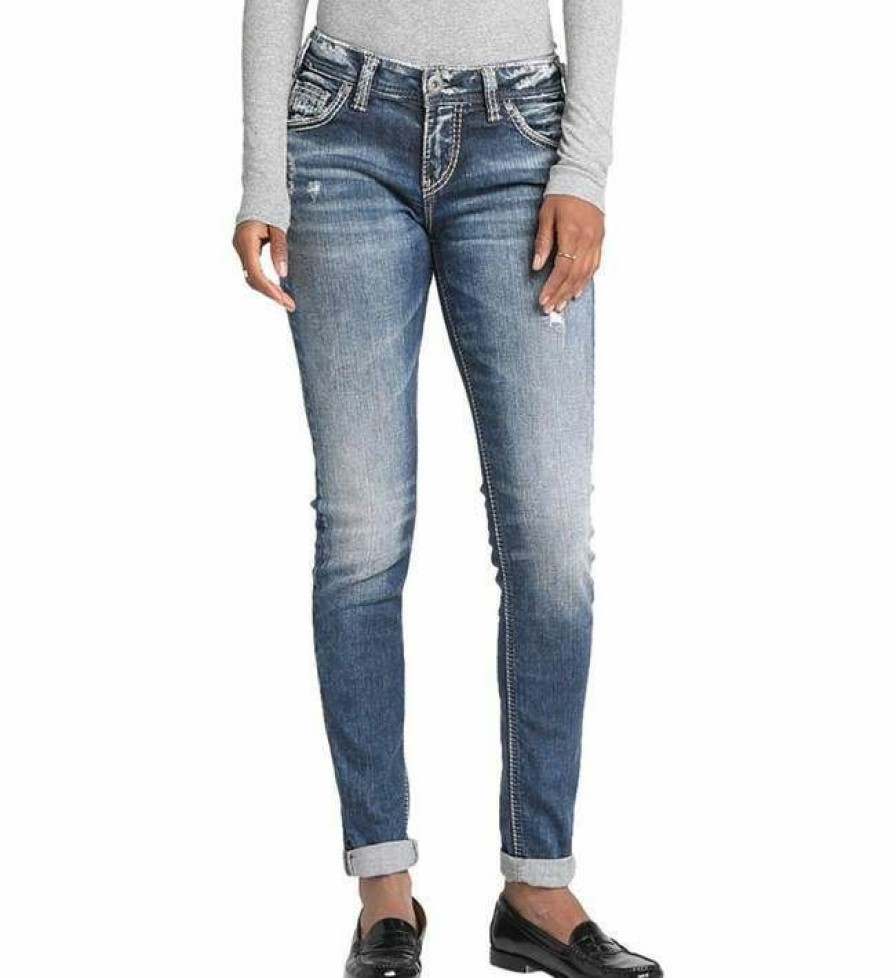 * Silver Jeans Women'S Slimmer Than Average Boyfriend Jean, Mid Rise Relaxed Hip And Thigh Cotton Elastane Girlfriend Pants Discount Indigo Pants