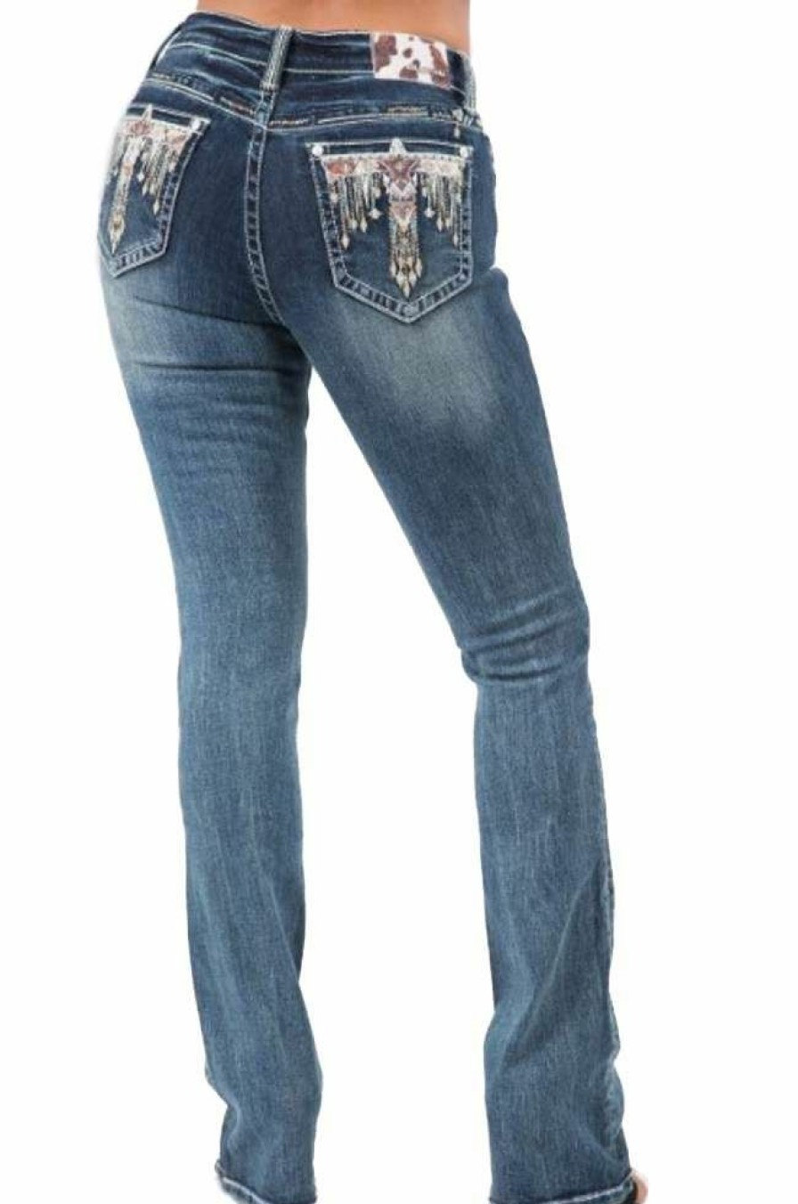 * Grace In La Women'S Cowhide Tribal Pocket Mid Rise Bootcut Jeans Best Sale Medium Blue Pants