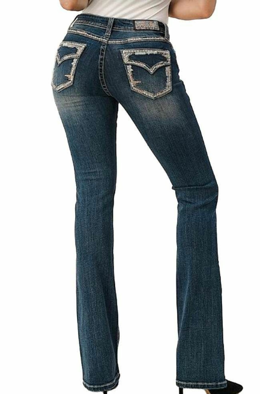 * Grace In La Women'S Baroque Border Faux Flap Mid Rise Bootcut Jeans Online Sales Medium Blue Pants