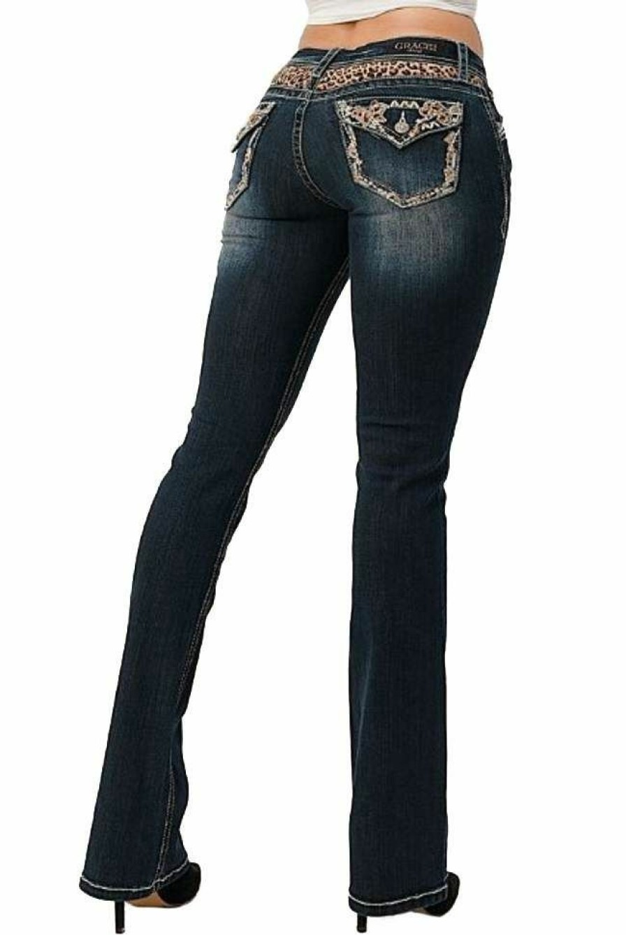 * Grace In La Women'S Leopard Yoke And Faux Flap Mid Rise Bootcut Jeans Popular Dark Blue Pants